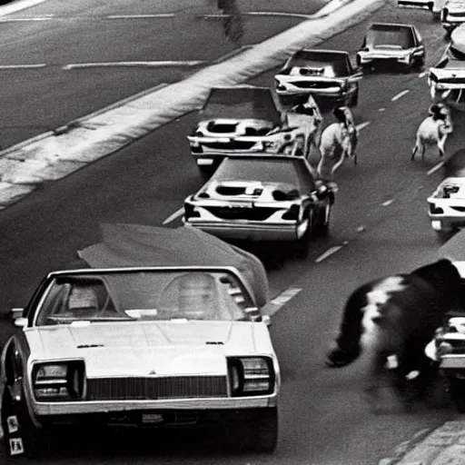 Image similar to horses racing against cars in a heated race in 1975, shot from a Pulitzer winning photography