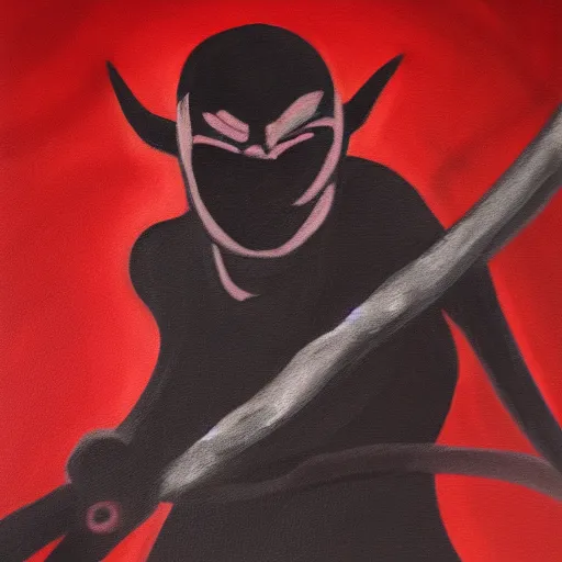 Image similar to Demon ninja warrior, Acrylic on canvas, low-key lighting, low angle, somber, sinister, doom, haunting