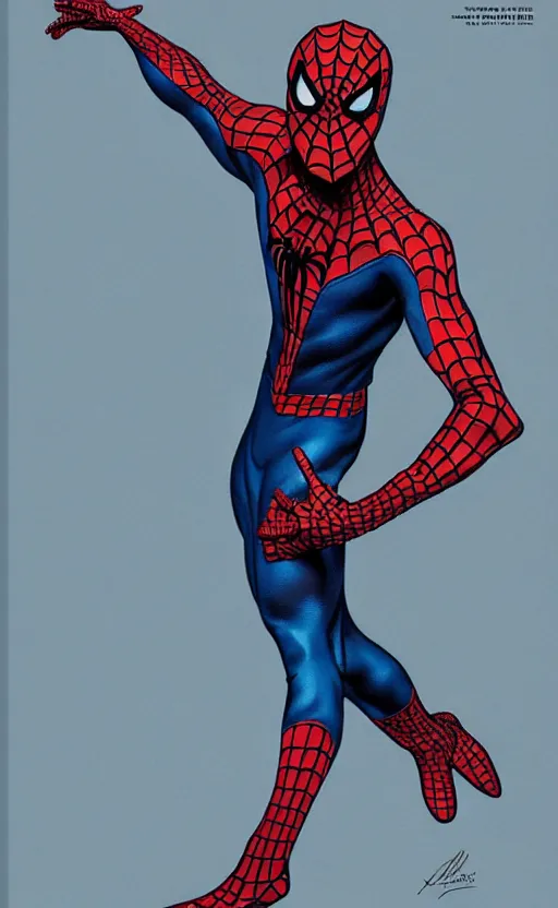 Image similar to Timothee Chalamet wearing redesigned spiderman suit, +++ super super super dynamic posing, j.c. leyendecker, Valentina Remenar, thick eyebrows, super serious facial expression, upscaled