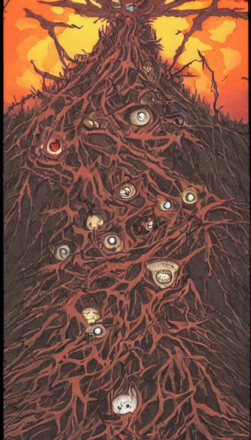 Image similar to a storm vortex made of many demonic eyes and teeth over a forest, by gainax co,