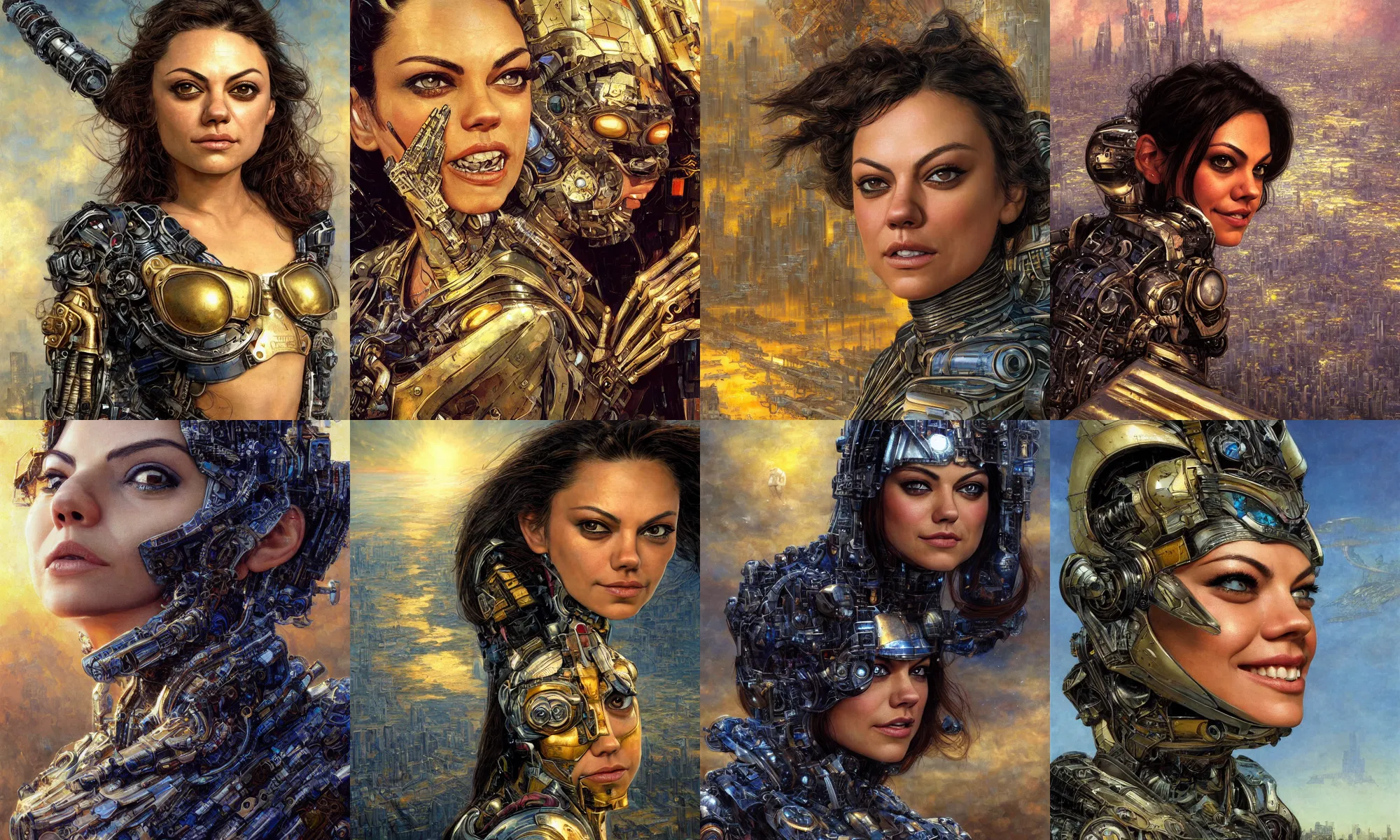 Image similar to close - up portrait of epic mila kunis smiling into camera, intricate cyborg armor, vista of futuristic city, windy, golden hour, wlop, by gerald brom, by mikhail vrubel, by peter elson, muted colors, extreme detail, trending on artstation