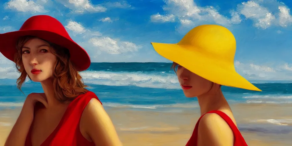 Image similar to beautiful oil matte portrait painting, young woman with red dress and mustard yellow summer hat at a beach on a sunny day, wonderful masterpiece highly detailed, beautiful cinematic light deep focus, elegant, digital painting, smooth, sharp focus, golden ratio, dramatic illumination, ultra realistic, 8 k, art by jimmy law