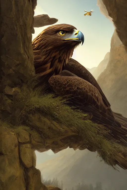 Image similar to portrait, golden eagle on his Nest in the mountains, face portrait, raphael lacoste, eddie mendoza, alex ross, concept art, matte painting, highly detailed, rule of thirds, dynamic lighting, cinematic, detailed, denoised, centerd