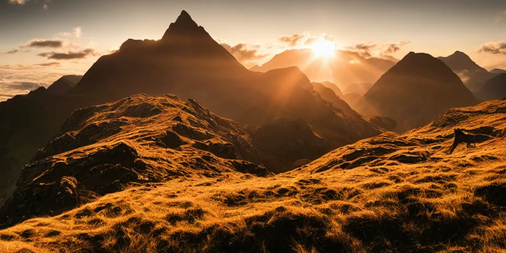 Prompt: Crib Goch!!!!!!!!!!! ridge, rays, epic, cinematic, photograph, atmospheric, national geographic, dawn, golden hour, sunrise, sky, clouds, grass, waterfall