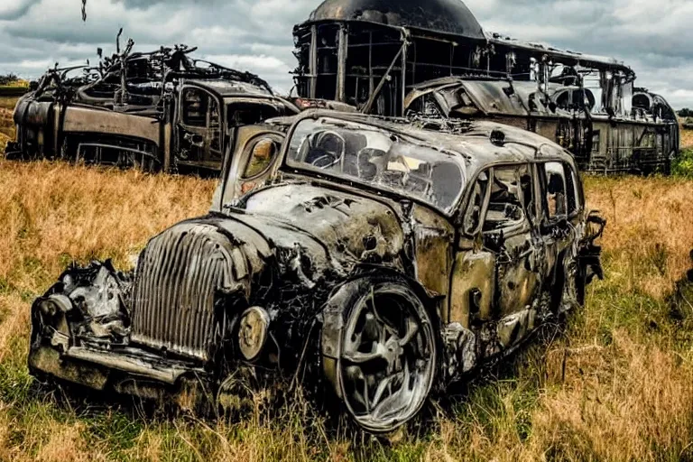 Image similar to beautiful english countryside, a ginormous destroyed dieselpunk machine lies broken in a field, fire and oil