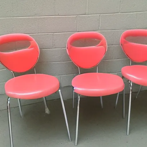 Prompt: photo, photography, mid - century kitchen chairs, vintage home wall art, 5 0 s chrome, pink, coral, retro, coral, salmon, diamond, dinette set