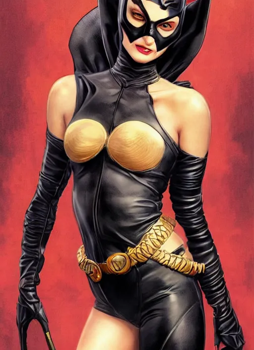 Prompt: A beautiful portrait of a Daria Strokous as Catwoman from Batman with wink and making a duck face, digital art by Eugene de Blaas and Ross Tran, vibrant color scheme, highly detailed, in the style of cinematic, artstation, Greg rutkowski