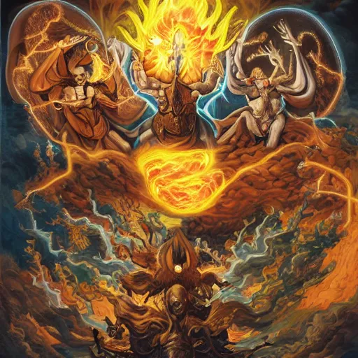 Prompt: Four Horseman of the Apocalypse killing god and destroying his kingdom with lightning, lightning in the shape of a face surrounded by golden layers of fire