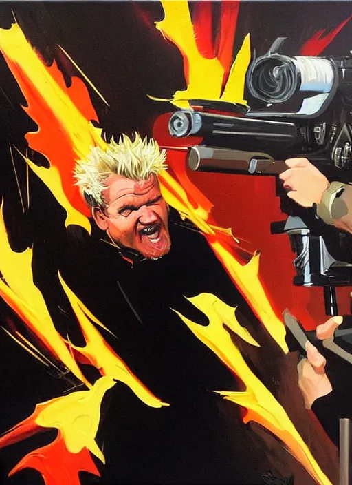 Image similar to gordon ramsay shooting guy fieri, shooting, muzzle flash, enraged, painting by phil hale, 'action lines'!!!, graphic style, visible brushstrokes, motion blur, blurry