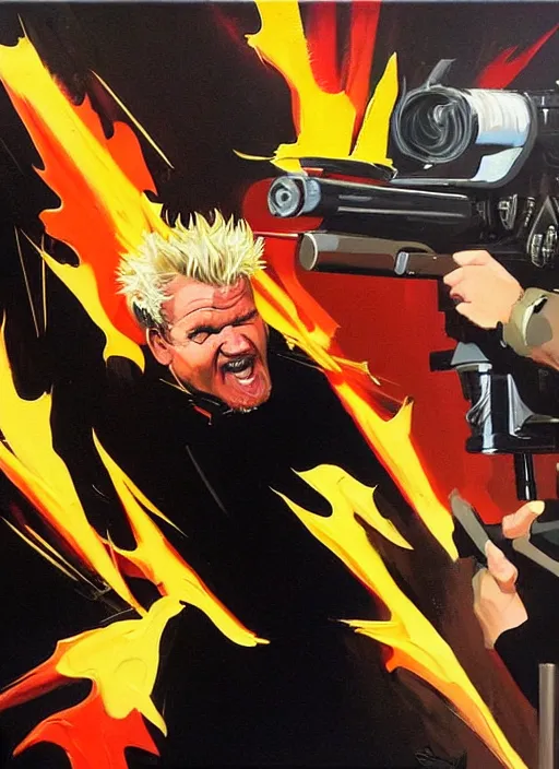 Prompt: gordon ramsay shooting guy fieri, shooting, muzzle flash, enraged, painting by phil hale, 'action lines'!!!, graphic style, visible brushstrokes, motion blur, blurry