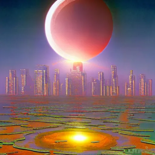 Prompt: eclipse over futuristic crystal city, water, synthwave bright neon colors highly details cinematic vladimir kush, philippe dru, roger deal, bob egg, leton, michael whelan,