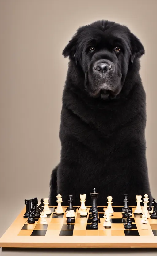 Image similar to An award winning photograph of a black newfoundland dog, looking intelligent, playing chess, studio lighting, medium shot, Sigma 85mm, 8k