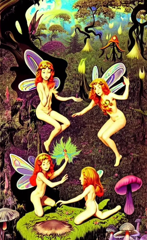 Prompt: psychedelic fairies in an enchanted forest with mushrooms on the ground wide angle shot, white background, vector art, illustration by frank frazetta and salvador dali