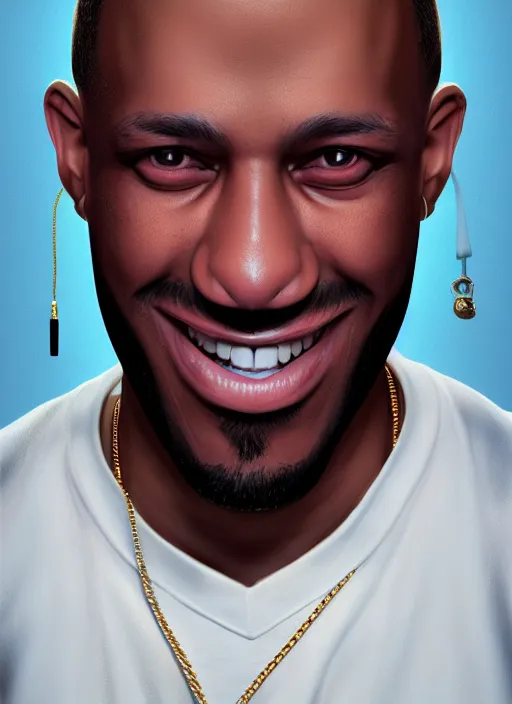 Prompt: a 3 d rendered portrait of an 9 0's era hiphop artist by artist hadi karimi, wlop, artgerm, greg rutkowski, dopey smile expression, dramatic lowkey studio lighting, accurate skin textures, octane renderer, hyperrealism, zbrush, cgsociety, aesthetically pleasing and harmonious vintage colors