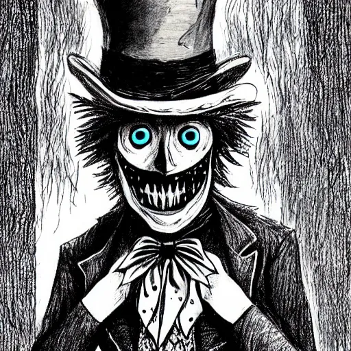 Image similar to a Pop Wonder scary horror themed goofy-hilarious-character Babadook-scarecrow-madhatter-williewonka-wearing a scarf, 3-piece-suit, dime-store-comic drawn with charcoal and pen and ink, half-tone-line-stacking