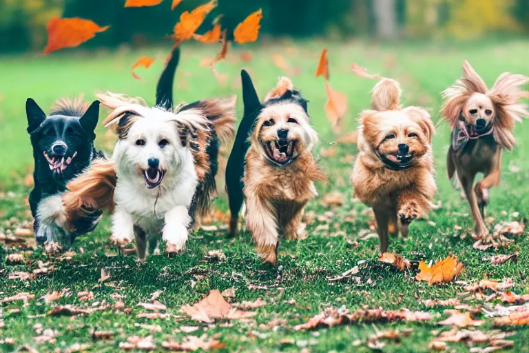 Prompt: dogs running through autumn leaves towards the camera, motion blur