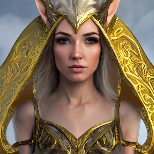 Image similar to portrait of an elven princess dressed in golden clothes, digital art, highly detailed, award winning, concept art, intricate, sharp focus, Trending on Artstation HQ, unreal engine 5, 4K UHD image