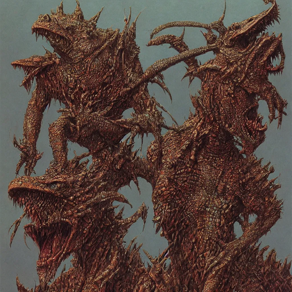 Image similar to lizardman warrior concept, highly detailed, tribal, beksinski