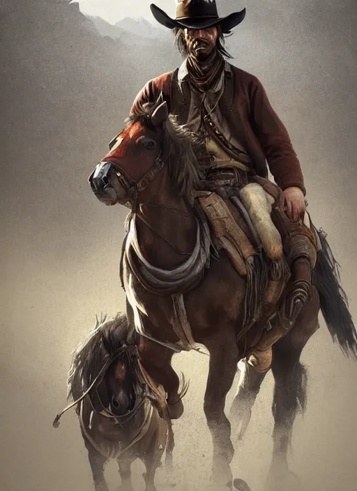 Image similar to highly detailed portrait of man with a horse nose wearing a cowboy hat, determined. red dead redemption art, unreal engine, fantasy art by greg rutkowski