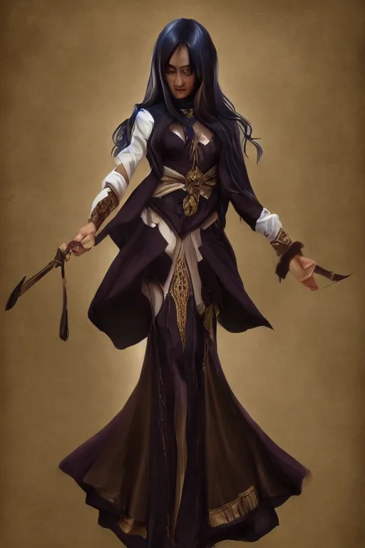 Prompt: Beautiful 40 years old Illusionist lady, dark brown skin, dark brown hair, straight hair, Dark blue and White robes, multiple floating swords, wife, high fantasy, love interest, artstation, trending in deviantart, artstationHD, artstationHQ