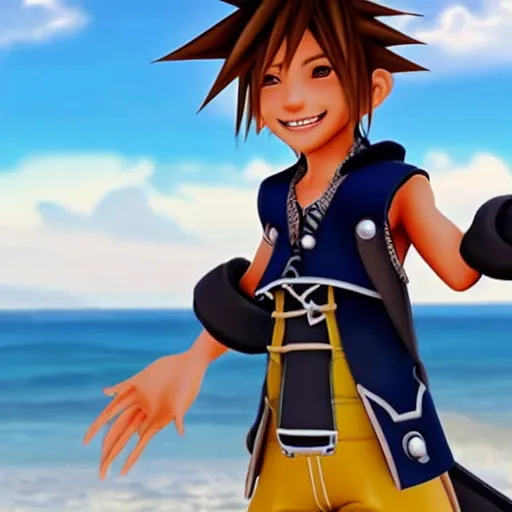 Prompt: candid photo of Sora from Kingdom hearts smiling at the beach