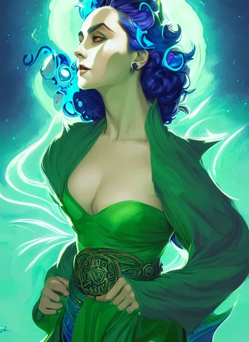 Prompt: style artgerm, joshua middleton, illustration, elizabeth taylor as a dragon priestess wearing green pelt light armor, blue hair, swirling water cosmos, fantasy, dnd, cinematic lighting