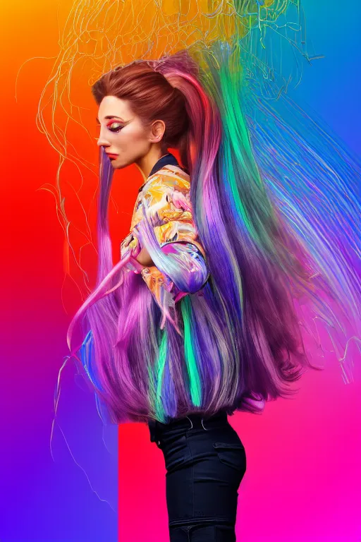 Image similar to a award winning half body portrait of a beautiful woman with stunning eyes in a croptop denim jacket and cargo pants with ombre rainbow hairstyle head in motion and hair flying while dancing by thomas danthony, surrounded by whirling illuminated lines, outrun, vaporware, shaded flat illustration, digital art, trending on artstation, highly detailed, fine detail, intricate