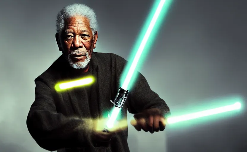 Prompt: morgan freeman holding a lightsaber, water landscape, dramatic lighting, cinematic, establishing shot, extremly high detail, photorealistic, cinematic lighting, post processed, concept art, artstation, matte painting, style by greg rutkowsky