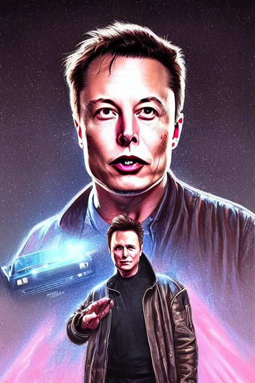 Image similar to elon musk as marty mcfly near delorean, realistic portrait, symmetrical, highly detailed, digital painting, artstation, concept art, smooth, sharp focus, illustration, cinematic lighting, art by artgerm and greg rutkowski and alphonse mucha