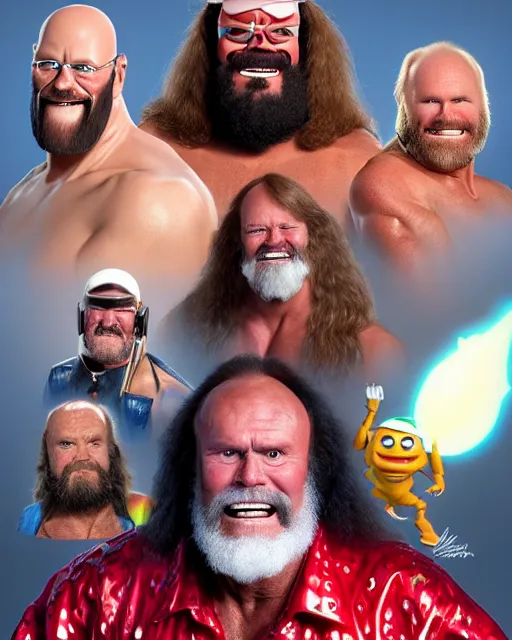 Image similar to disney pixar portrait 8 k photo of randy savage, terry bollea, jim duggan, arn anderson wearing elaborate jewelry : : as tesla cyborg man by pixar : : by weta, greg rutkowski, wlop, ilya kuvshinov, rossdraws, artgerm, annie leibovitz, rave, unreal engine, alphonse mucha : :