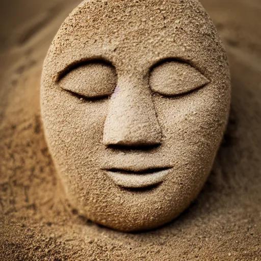 Image similar to a hand holding a face made of sand, color photo, 8 5 mm high depth of field, warm color palette