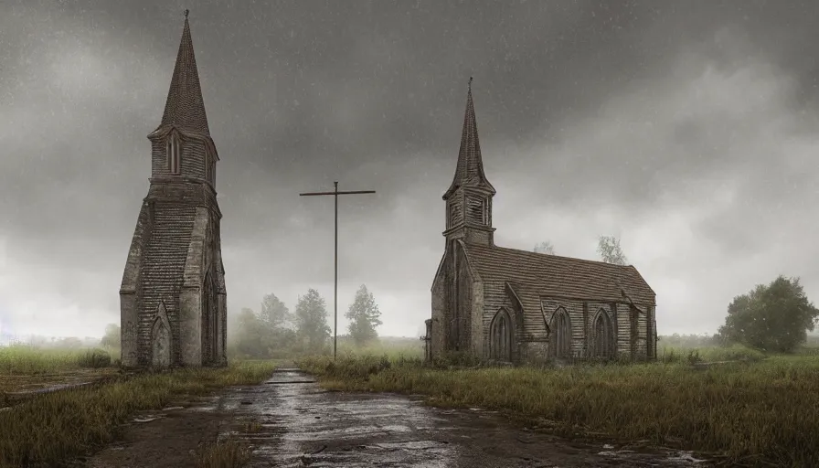 Prompt: church built in an english village, rainy day, rusty cross, muddy road, forest, grey sky, hyperdetailed, artstation, cgsociety, 8 k