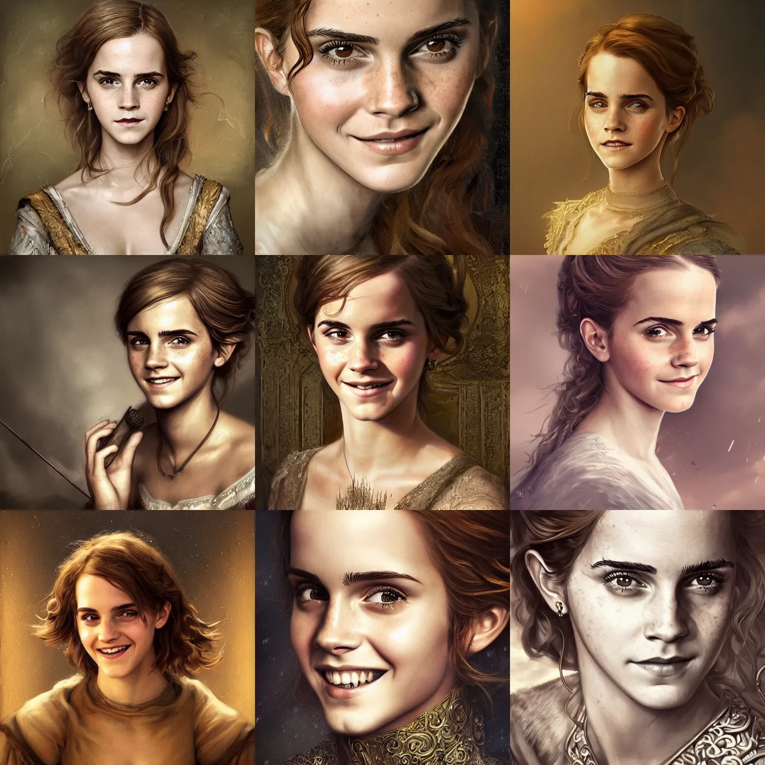 Prompt: Very very very very highly detailed epic central composition studio photography of Emma Watson smiling, intricate, medieval, extremely detailed, digital painting, artstation, concept art, smooth, sharp focus, illustration, studio lighting, incredible art by Anna Dittmann and Anton Pieck
