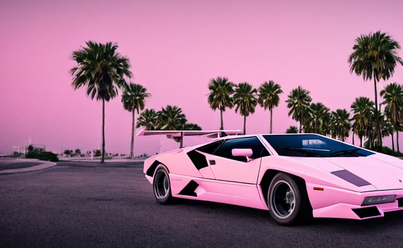 Prompt: a white lamborghini countach with open doors. palm trees and pink sky in the background. art by krzysztof tanajewski