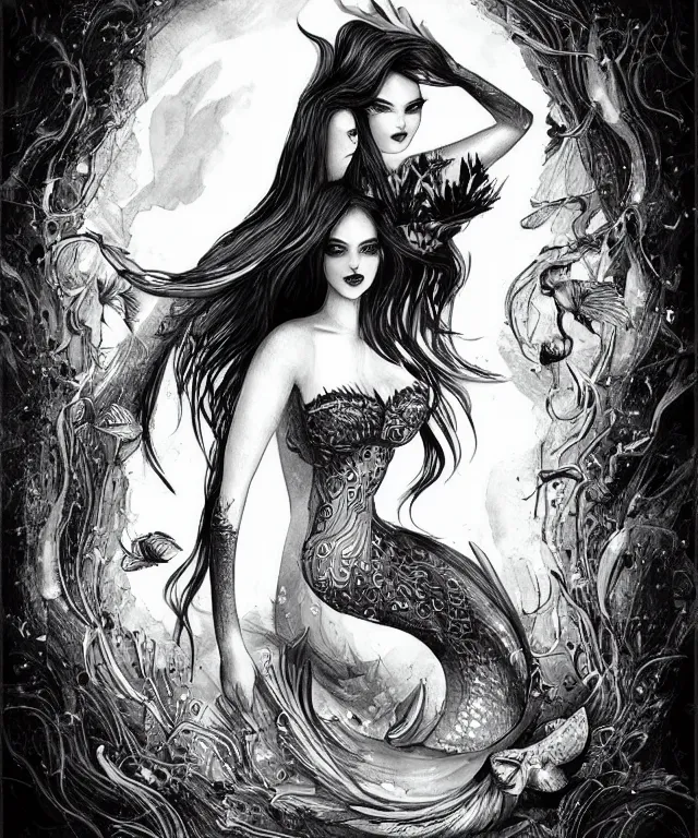 Prompt: black and white illustration, creative design, dark fantasy, mermaid, full body