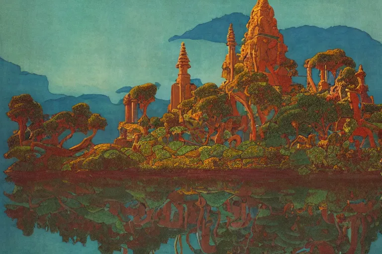 Prompt: ancient temple by a lake at dawn | by Edmund Dulac and Maxfield Parrish and Nicholas Roerich | ornate carvings| climbing vines| rich color | dramatic cinematic lighting | extremely clear and detailed