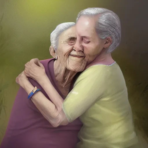 Image similar to A photo of 95-year-old lady hugging her 75-year-old daughter in a garden, concept art, trending on art station, 4k, 8k, high detailed, photorealistic