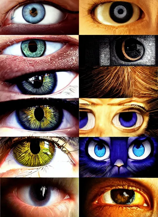 Image similar to grid montage of square shaped eyes, square shaped dilated pupils, square irises, detailed colored textures, eyelashes, advanced art, art styles mix, from wikipedia, wet reflections in eyes, sunshine light, hd macro photograph, from side, various eyelid positions, square black pupil centered