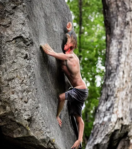 Prompt: an anthropomorphic tree giving a thumbs up while bouldering, sports photography.