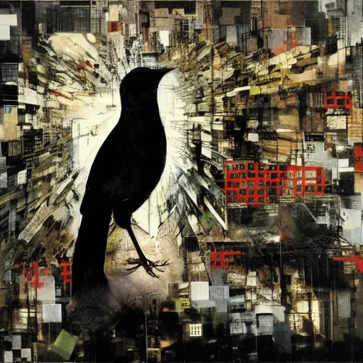 Prompt: a thrush wandering within the virtual realms of urban informatics and computational social science, oil on canvas by dave mckean and yoji shinkawa