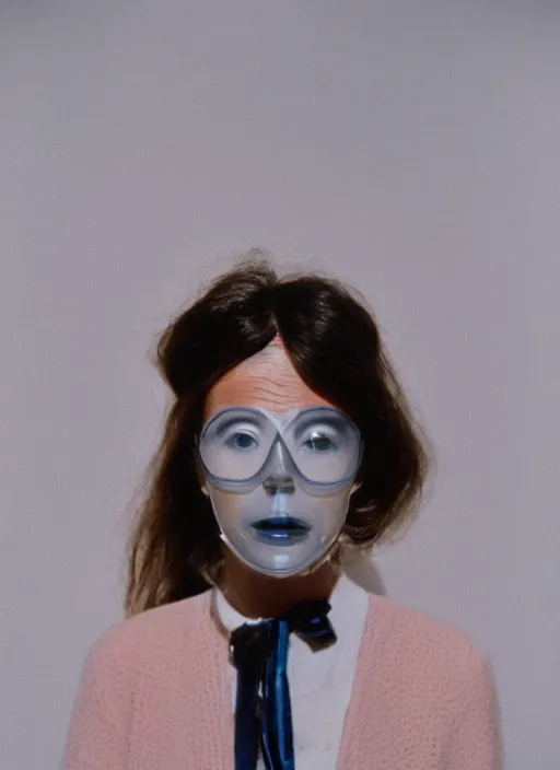 Prompt: a fashion portrait photograph of a woman wearing a transparent plastic mask designed by dieter rams, 3 5 mm, color film camera,