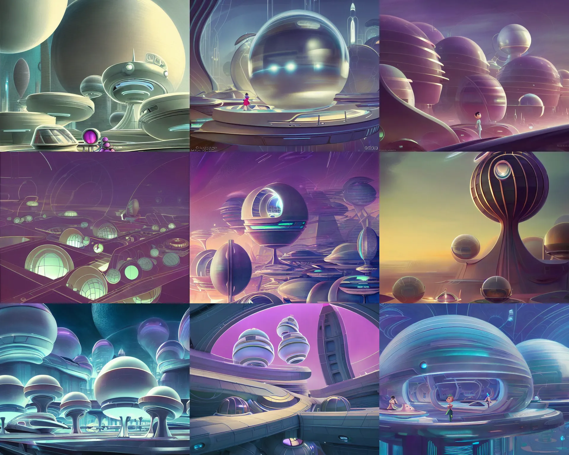 Prompt: a strange, retrofuturistic futuristic city of spheres of the jetsons. delicate, haunting, almost dreamy lines and colors of the gentle gaze of a brooding child. by christian dimitrov and titian and eddie mendoza, intricate, face, elegant, beautiful, highly detailed, dramatic lighting, sharp focus, trending on artstation, artstationhd, artstationhq, unreal engine