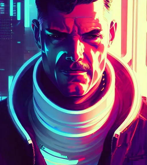 Image similar to cyberpunk synth - wave highly detailed portrait man corporate cyberpunk, by atey ghailan, by greg rutkowski, by greg tocchini, by james gilleard, by joe fenton, by kaethe butcher, dynamic lighting, gradient light blue, brown, blonde cream and white color scheme, grunge aesthetic