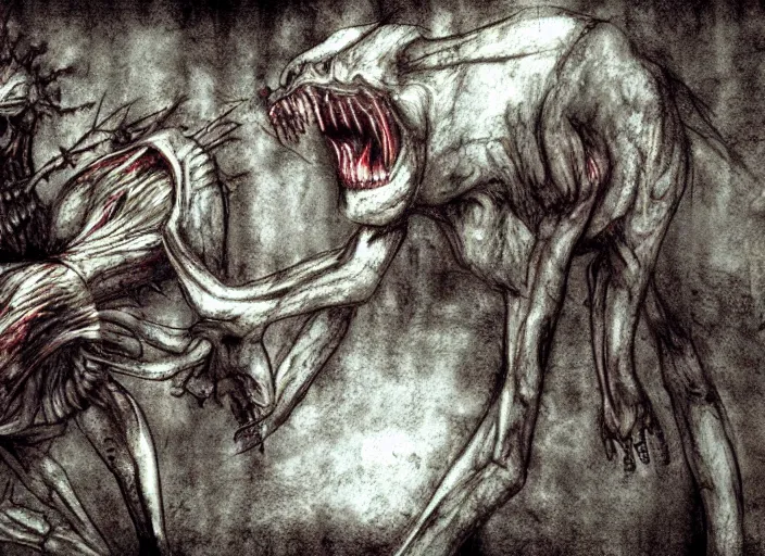 Prompt: Silent Hill 3 game screenshot, Nightmare creature concept art