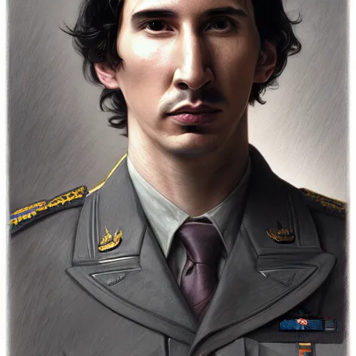 Prompt: portrait of a stoic looking john oliver and adam driver, full body, military uniform, fantasy, intricate, elegant, beautiful, highly detailed, charcoal, centered, dark, smokey, digital painting, artstation, concept art, smooth, sharp focus, illustration, art by artgerm and greg rutkowski and alphonse mucha