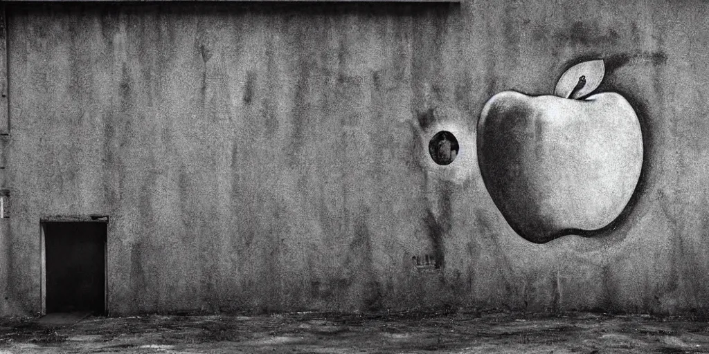 Image similar to detailed medium format photo, polaroid still from tarkovsky movie, a giant apple character, spray painting graffiti on a wall, haze, high production value, intricate details, 8 k resolution, hyperrealistic, hdr, photorealistic, high definition, technicolor, award - winning photography, masterpiece, black and white, grungy