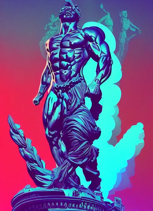 Prompt: statue of hercules, heroic, beeple, android jones, dan mumford, vaporwave, retrowave, black background, neon wiring, black, glitch, strong contrast, cuts, pinterest, trending on artstation