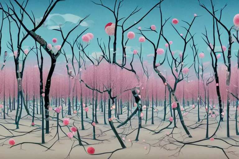 Image similar to A surreal winter forest landscape with barren sakura trees by Chiho Aoshima and Salvador Dali