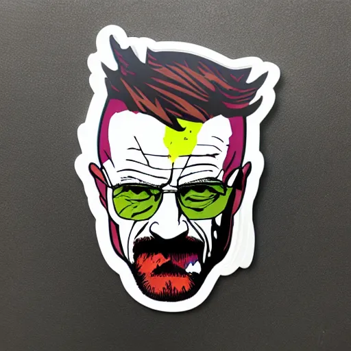 Image similar to die cut sticker, walter white wearing the joker suit, splatter paint