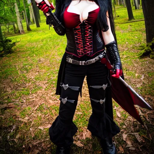 Image similar to photo of a real-life beautiful female vampire warrior, wide angle shot